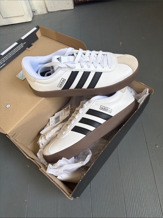 adidas Shoes - adidas VL Court 3 White Sneakers with Black Stripes and Brown Gum Sole NIB